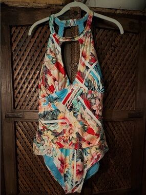 Jantzen Light Blue Halter Swimsuit with Tropical Accent